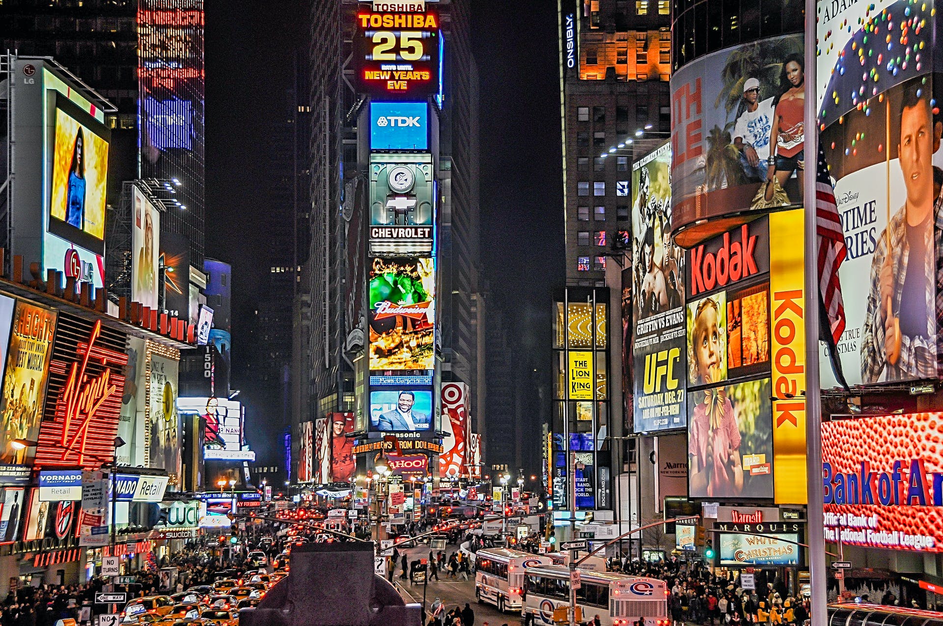 Who hasn’t heard of New York’s famous Time Square? This crowded street has changed in looks over the years, but its general layout is still recognizable today. With bright, bold videos playing 24/7, its bright colors light up the night sky. If anyone asks why New York City is called “The City That Never Sleeps,” show them this photo.